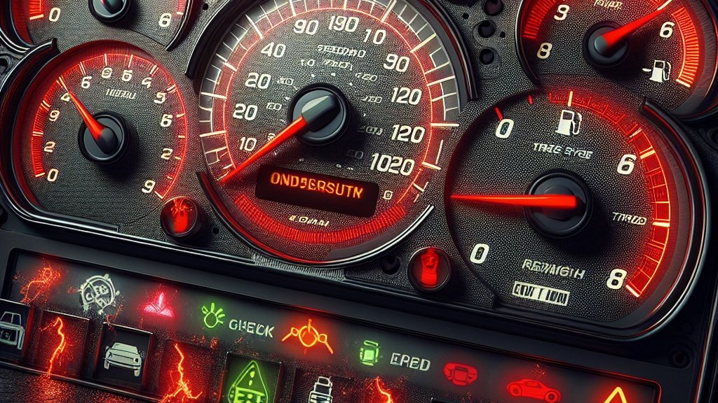 A car dashboard showing various gauges with warning lights on, indicating a malfunction in the instrument cluster.