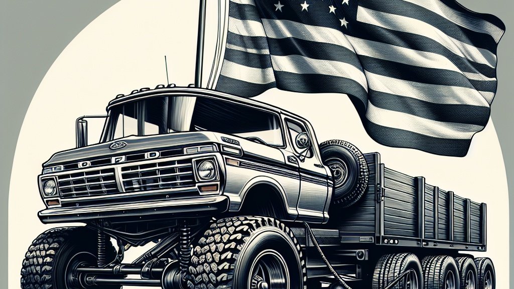 A powerful Ford F-Series truck towing a heavy trailer, representing the American legacy and excellence of Ford trucks, with an American flag in the background.